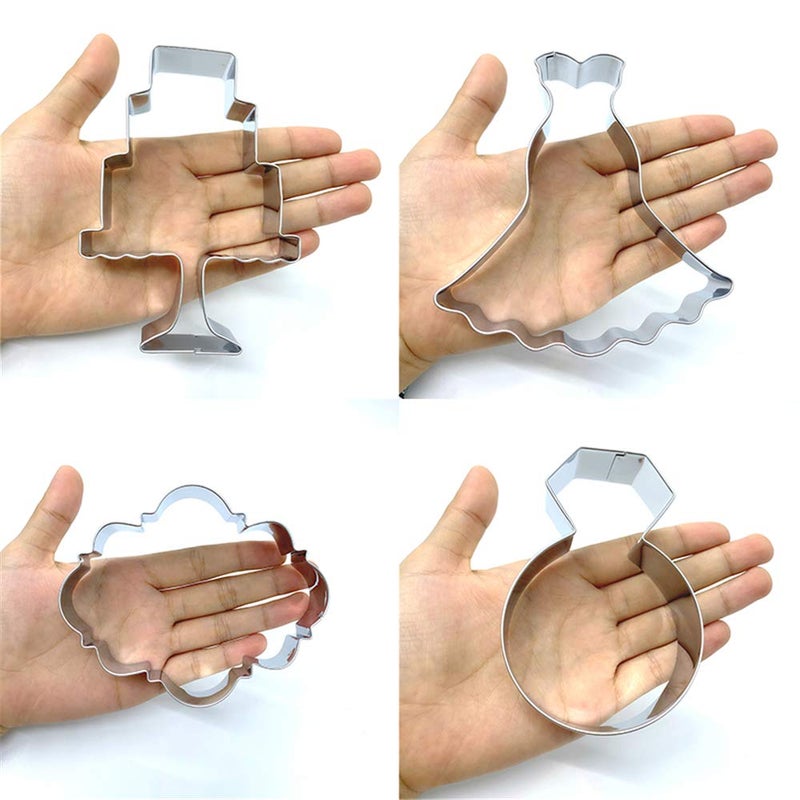 LILIAO Wedding Cookie Cutter Set for Anniversary/Bridal/Engagement - 6 Piece - Diamond Ring, Wedding Dress, Cake, Plaque, Champagne with Ribbon and Champagne Glass with Ribbon - Stainless Steel - Image 2